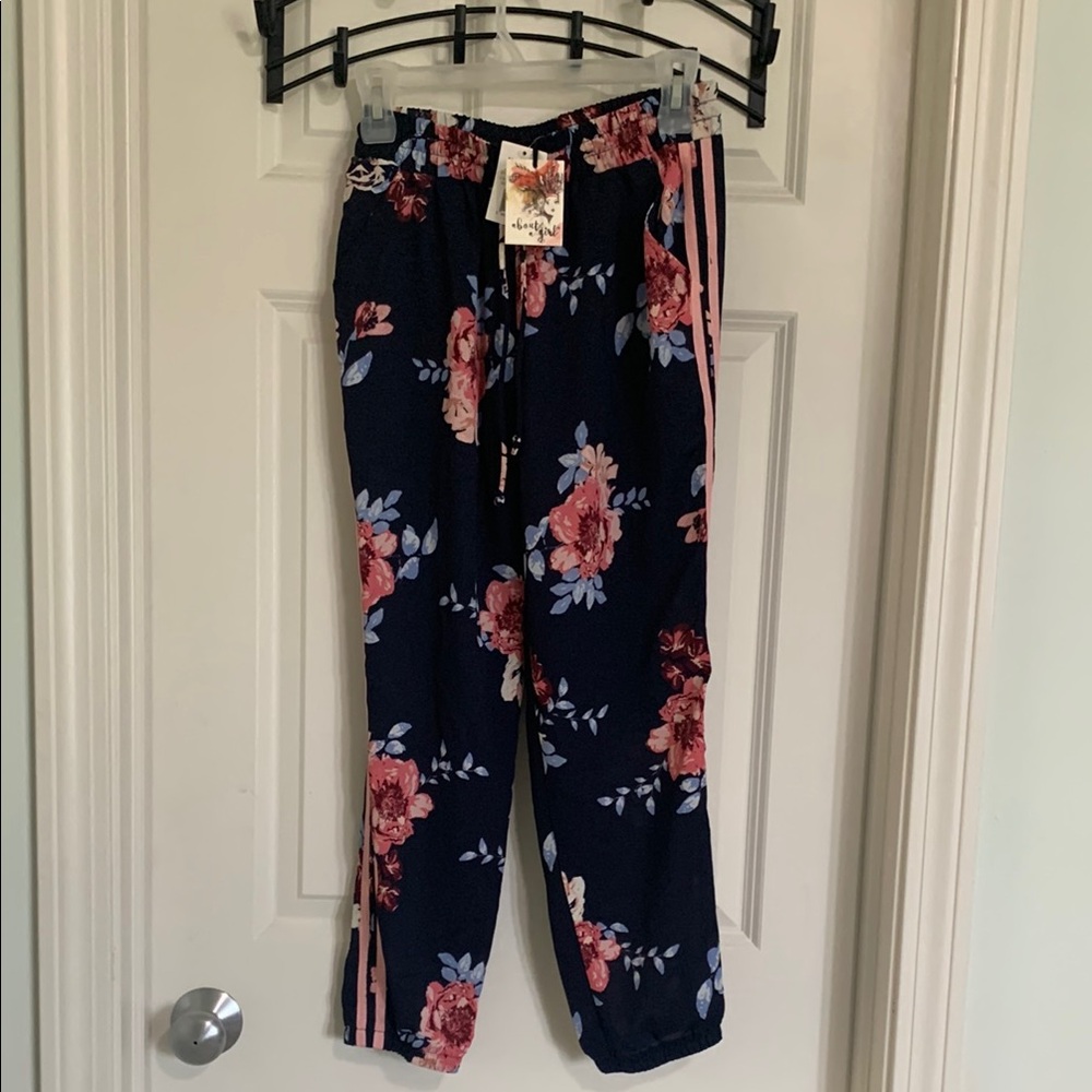About A Girl Navy and Pink floral jogger Pants